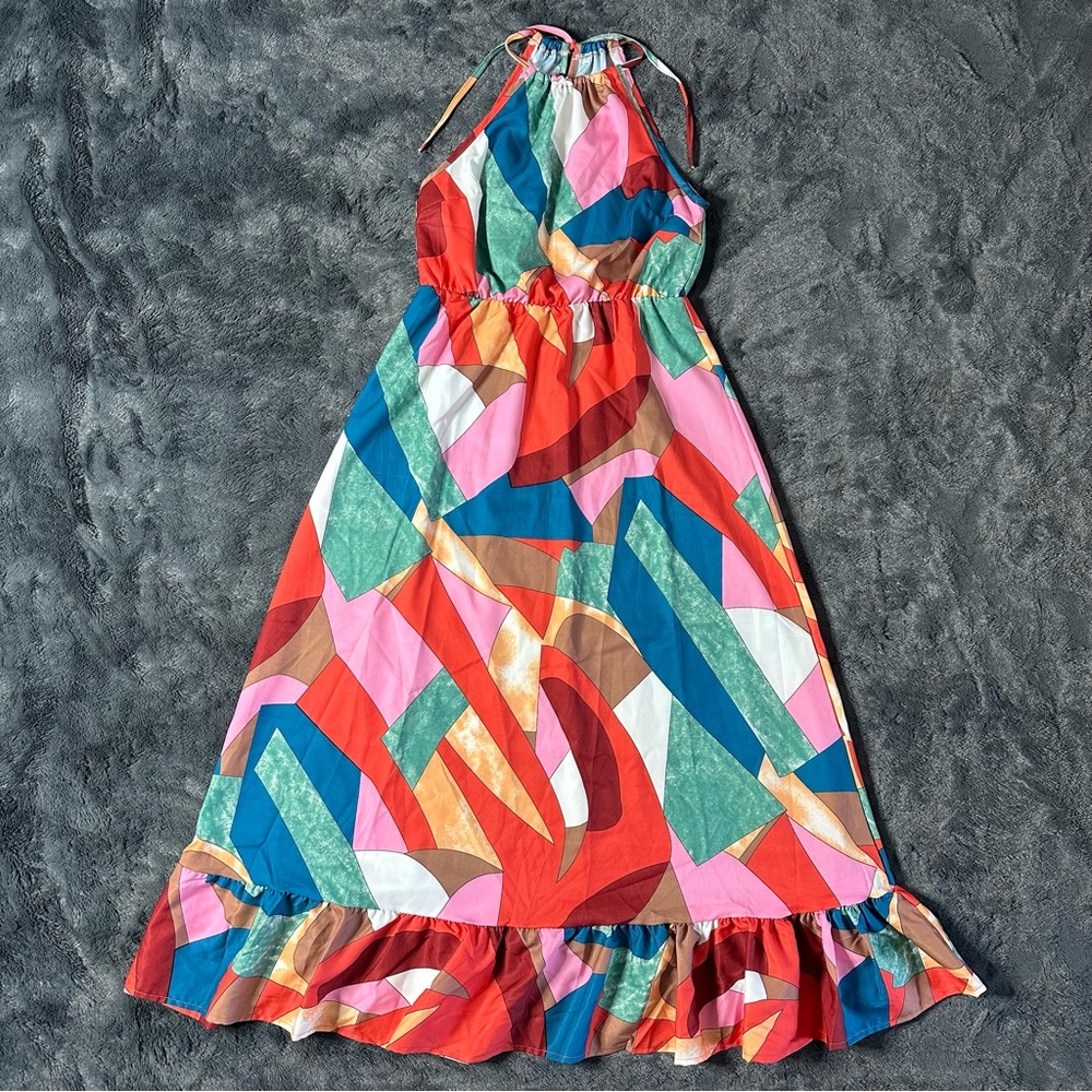 (CLEARANCE) Multicolored Tied Grecian Neck Maxi Dress